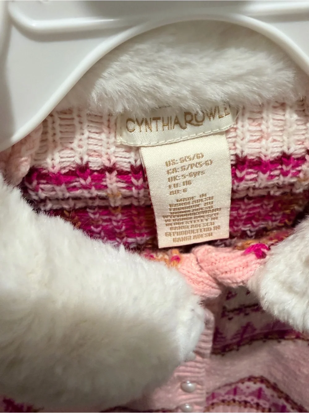 Cynthia Rowley Pink Fair Isle Knit Cardigan with Faux-Fur Collar